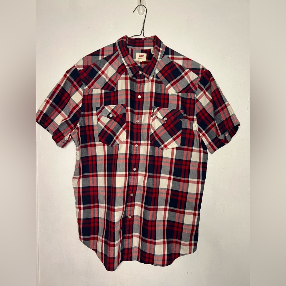 Levi's Men's Red Plaid Shirt Short Sleeve with Snap Buttons Large